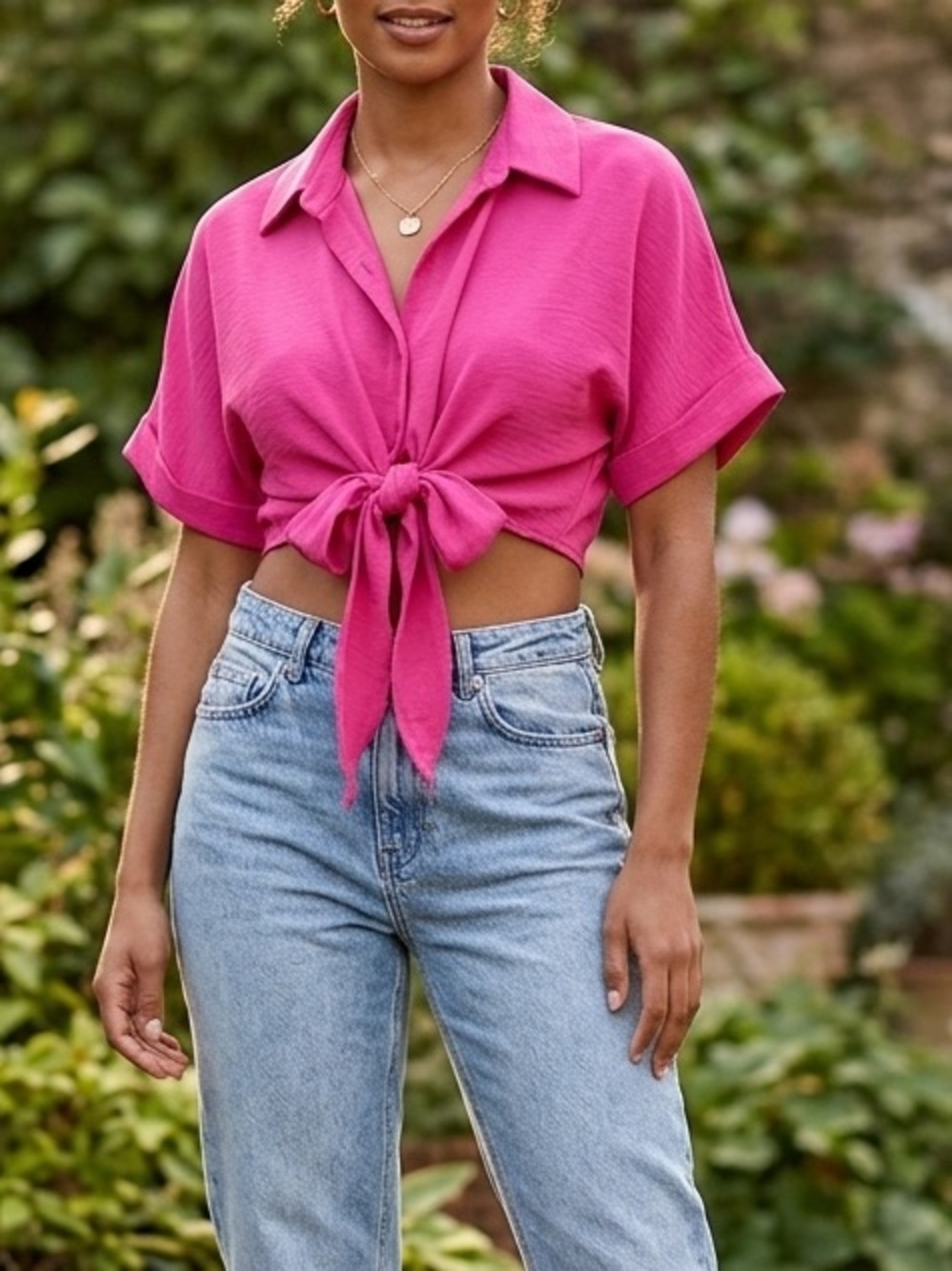 SHEIN Hot Pink Tie-Front Cropped Blouse